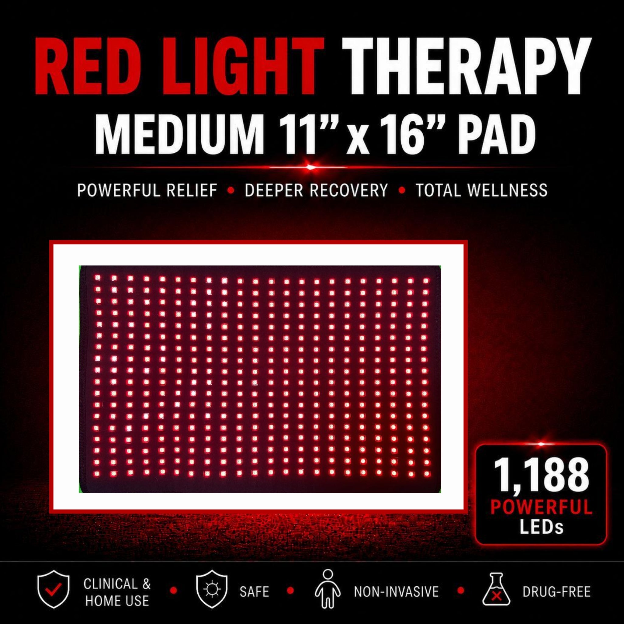 Medium Red Light Pad for Pain Relief & Recovery | 16" x 11" | 1188 LEDs + 12V Car Adapter