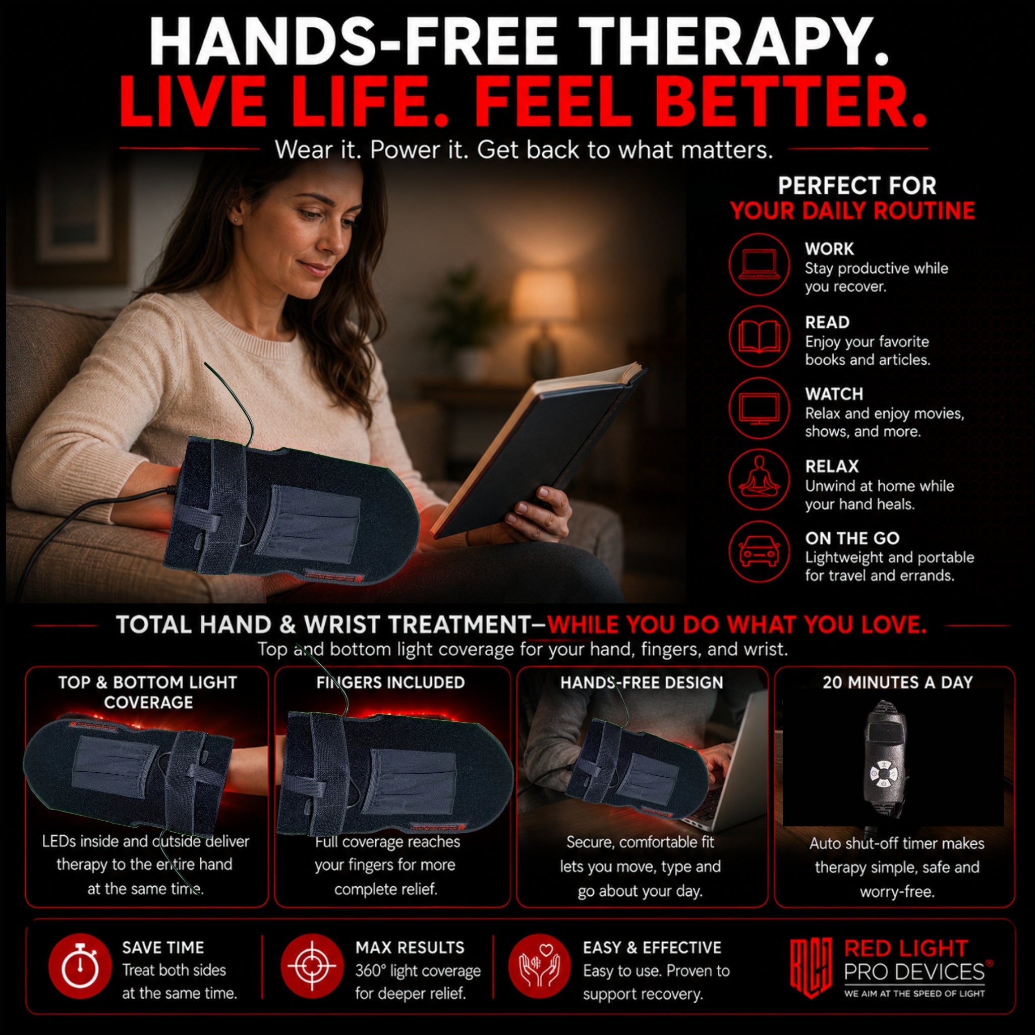 Red Light Therapy Hand & Wrist Glove 13.5" x 7.5"| 1080 High-Power LEDs + 12V Car Adapter
