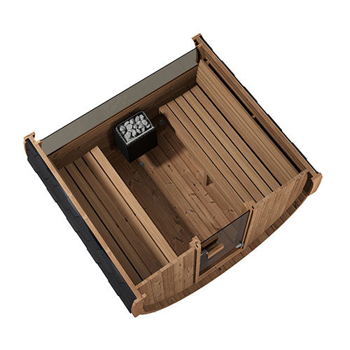 SaunaLife Model E7W Ergo Outdoor Barrel Sauna Kit | 4-Person | Rear Window | Thermo-Spruce