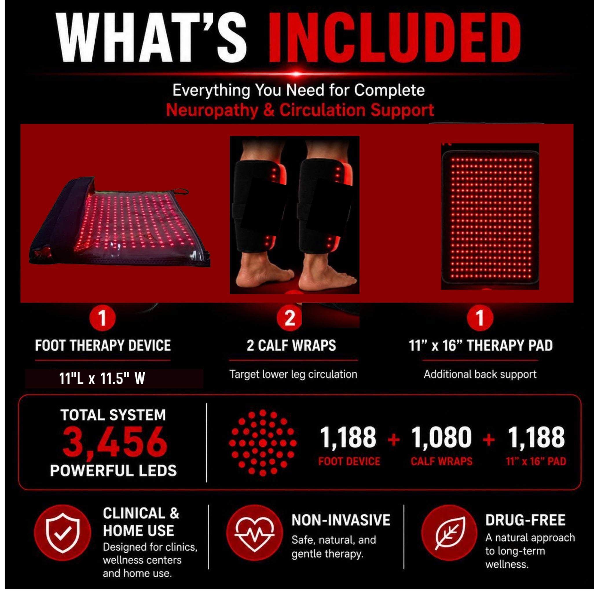 Red Light Neuropathy and Circulation Support System for Feet, Calves, Lower Back. Total LEDs: 3,456 in System