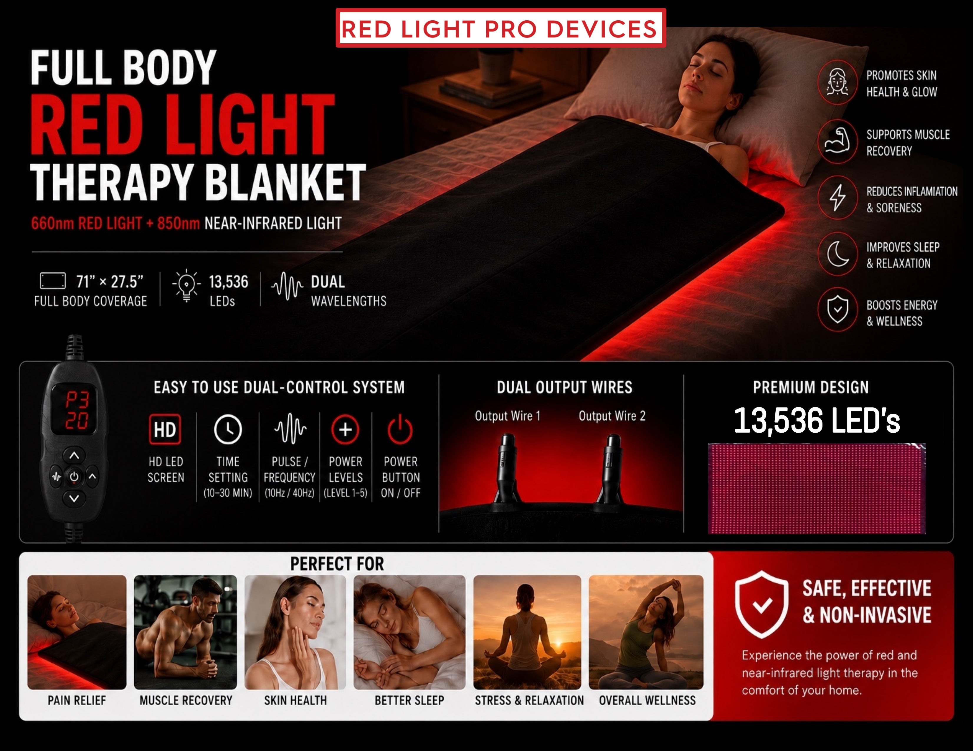 Red Light Therapy Blanket – Full Body Coverage | 660nm + 850nm Dual Wavelengths | 13,536 LEDs