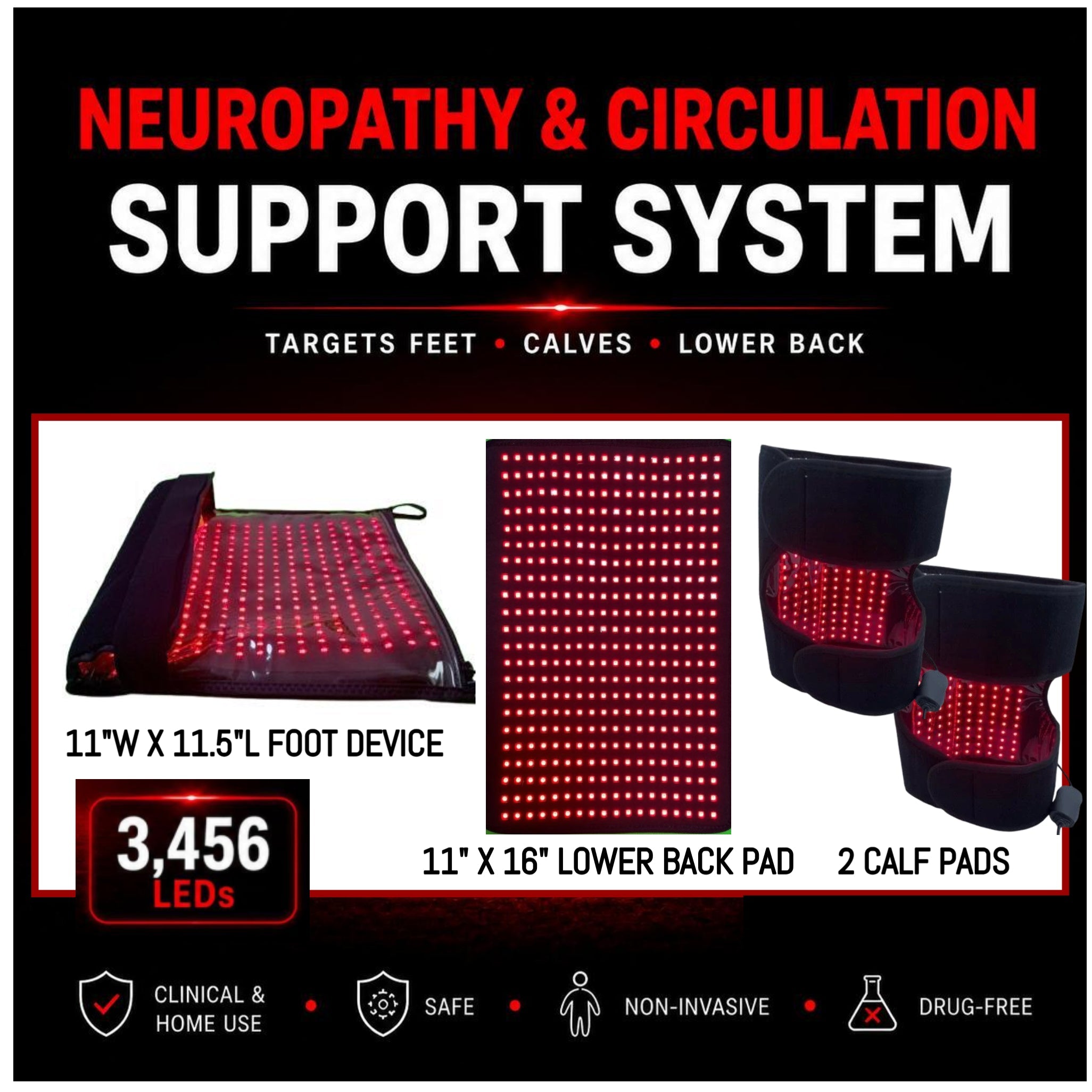 Red Light Neuropathy and Circulation Support System for Feet, Calves, Lower Back. Total LEDs: 3,456 in System
