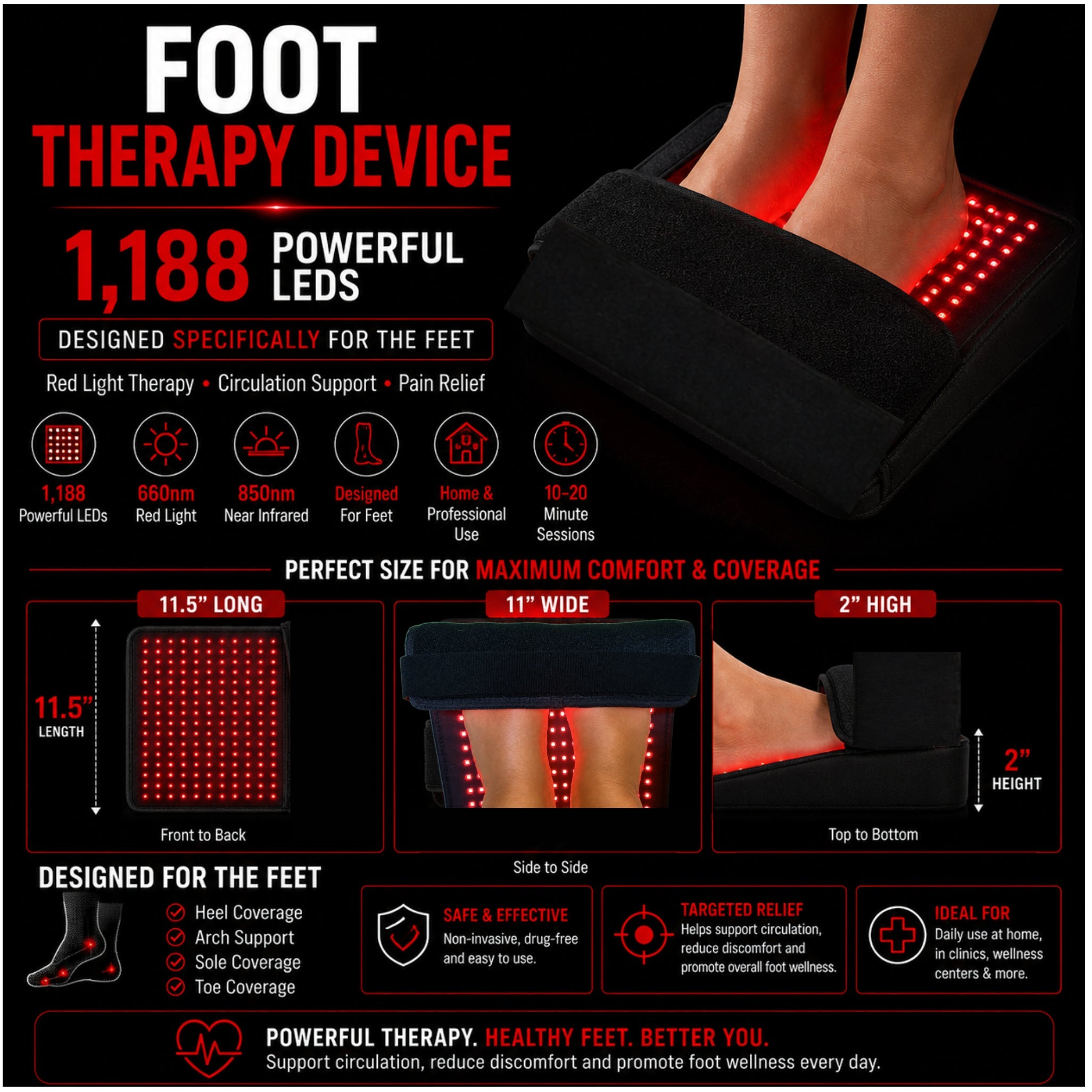 Red Light Neuropathy and Circulation Support System for Feet, Calves, Lower Back. Total LEDs: 3,456 in System