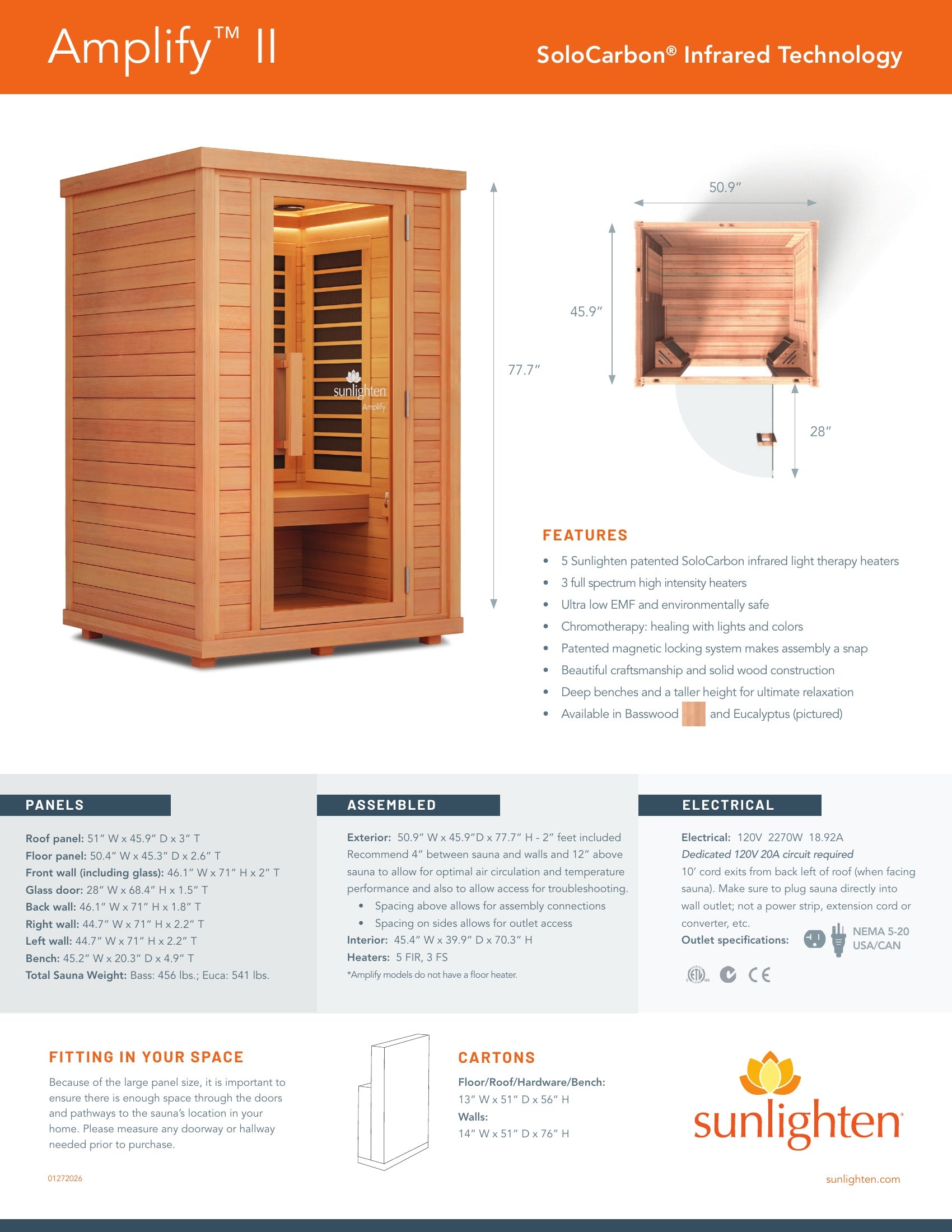 Sunlighten Amplify II 2-Person Full Spectrum Infrared Sauna for Indoor Home Recovery