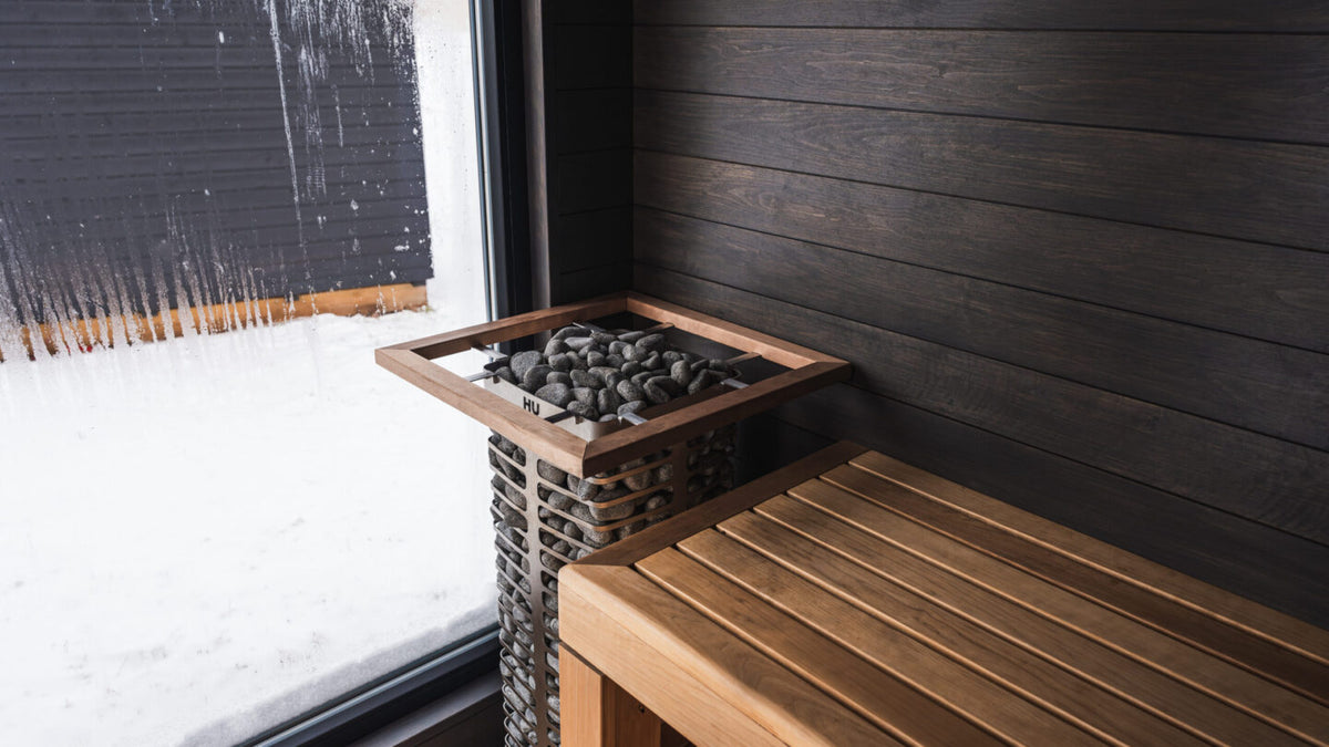 HUUM STEEL heater installation; accessories and room shown are not included