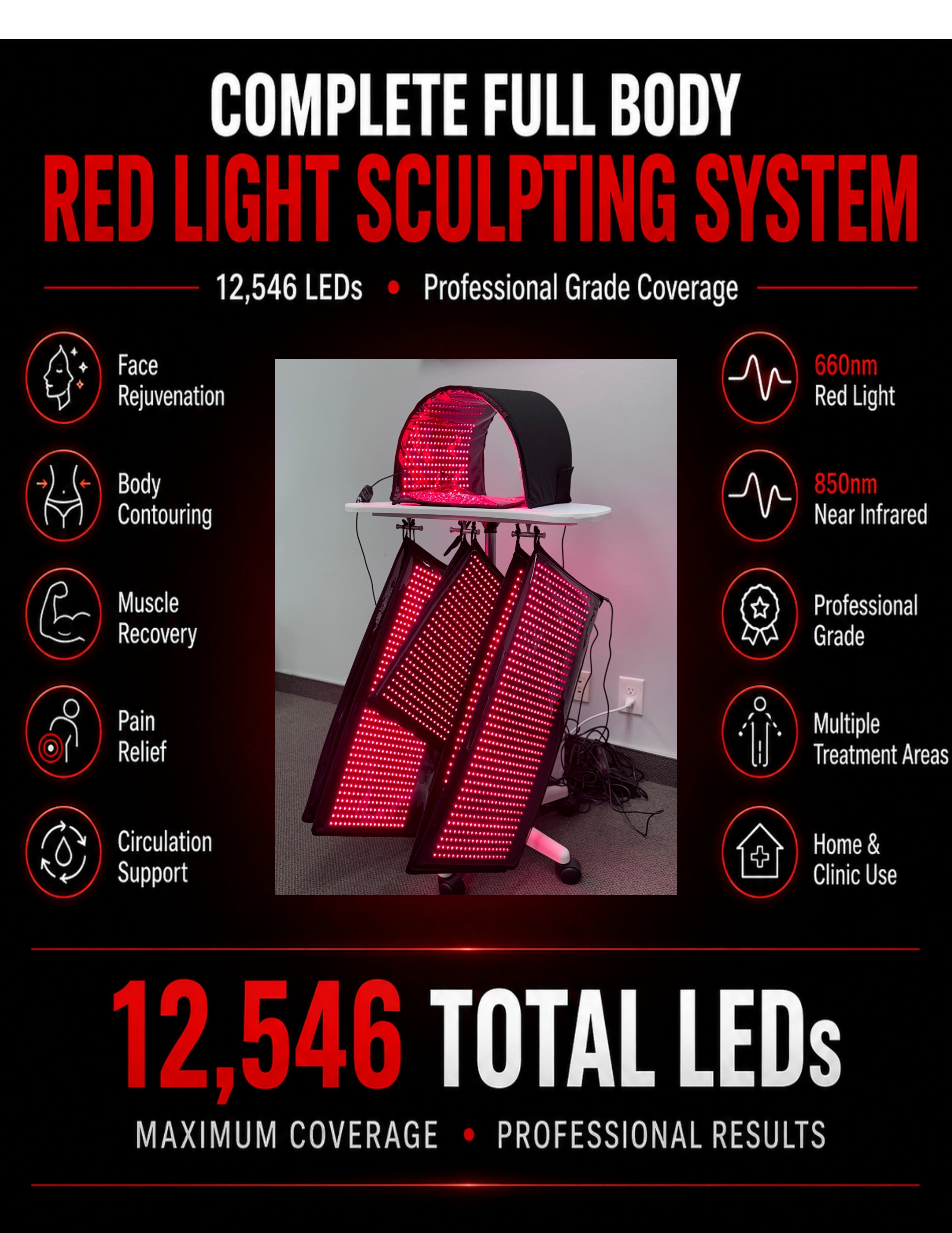 Full Body Red Light Therapy System 12,546 LED's in System. Includes 4 Pads 11" X 27", 2 Pads 11' X 16", 1 Face Dome, 1 Chin Pad