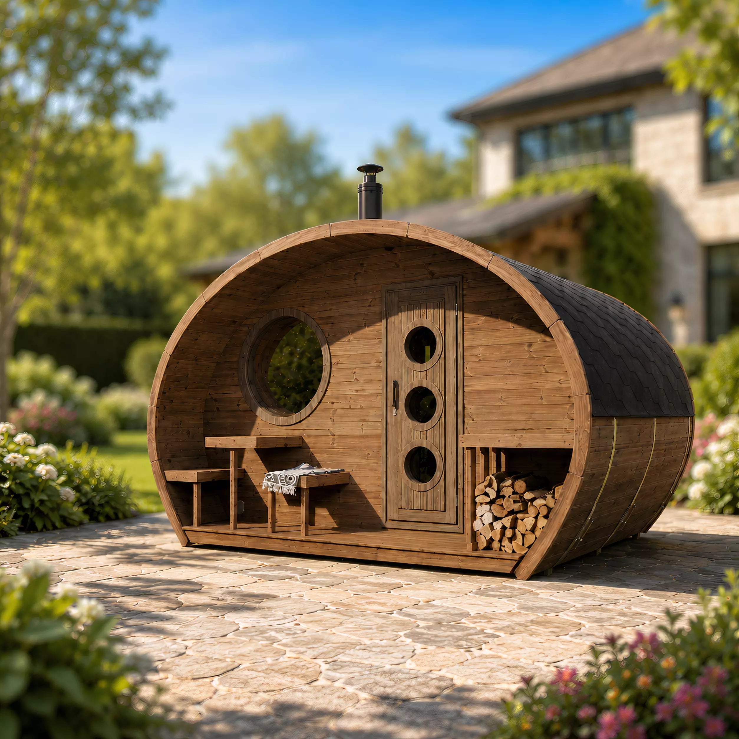 SaunaLife G11 two-room outdoor sauna suite with covered terrace
