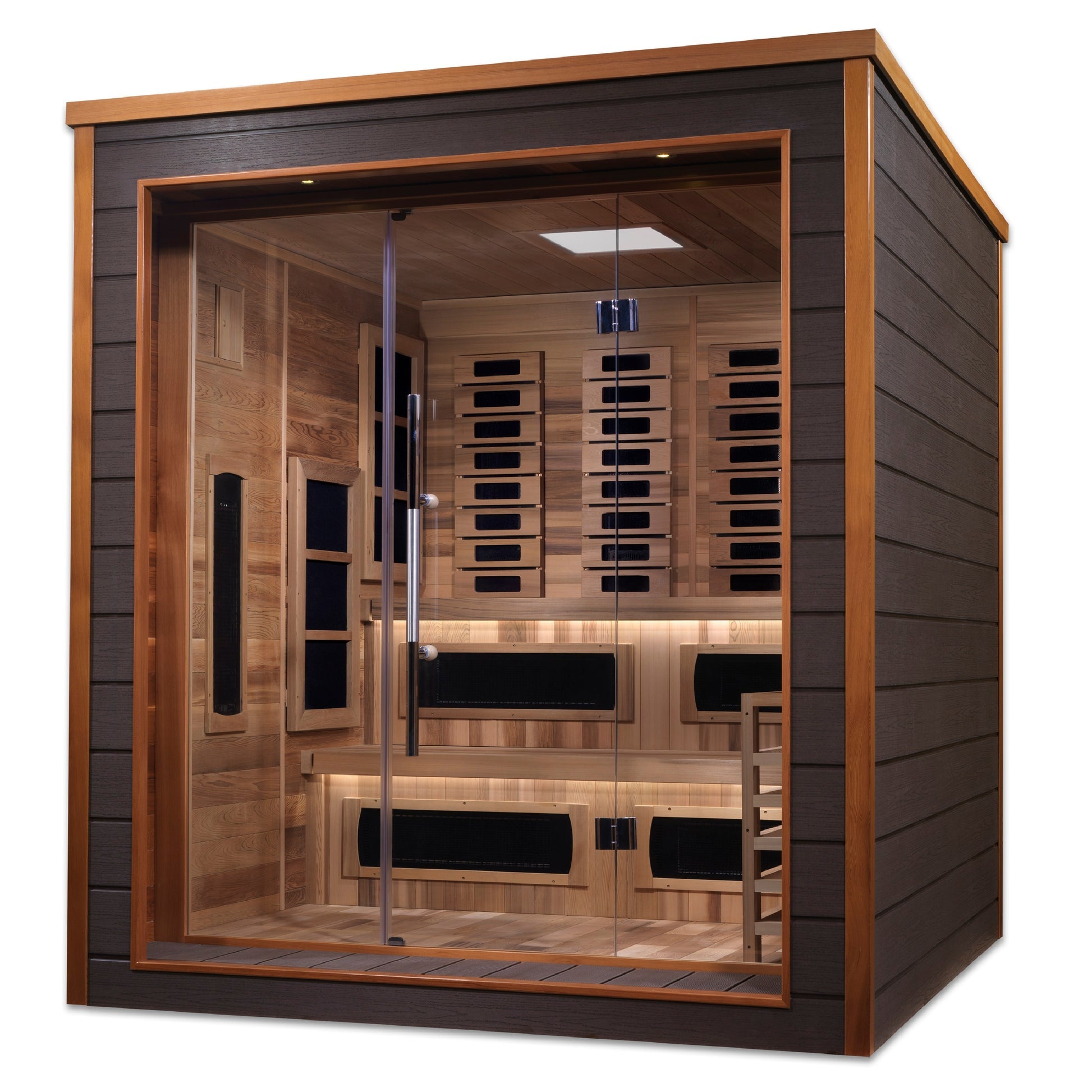 Golden Designs Karlstad outdoor sauna with modern espresso exterior