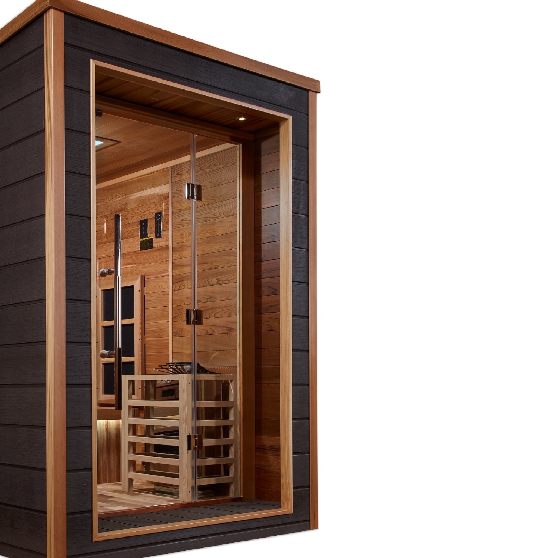 Golden Designs Karlstad hybrid sauna seating and heater interior