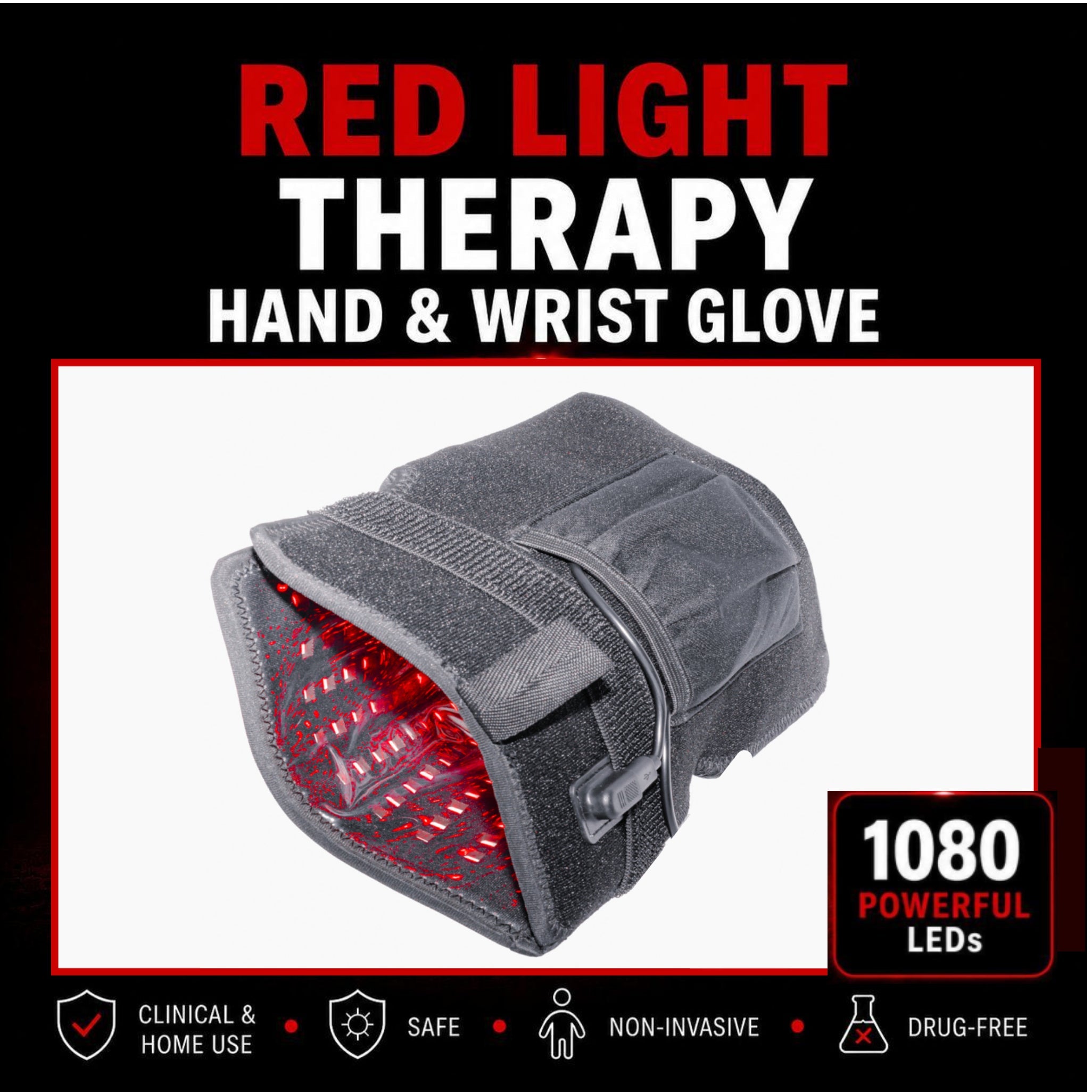 Red Light Therapy Hand & Wrist Glove  13.5" x 7.5"| 1080 High-Power LEDs + 12V Car Adapter