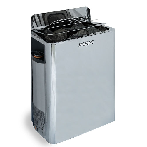 Harvia The Wall Sauna Heater — heater shown; package components listed separately; stainless steel finish shown