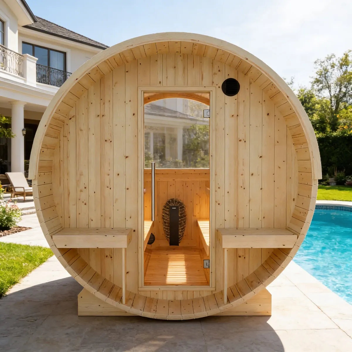 Helsinki Finnish Barrel Sauna with Terrace and WiFi Electric Heater for Outdoor Wellness Spaces