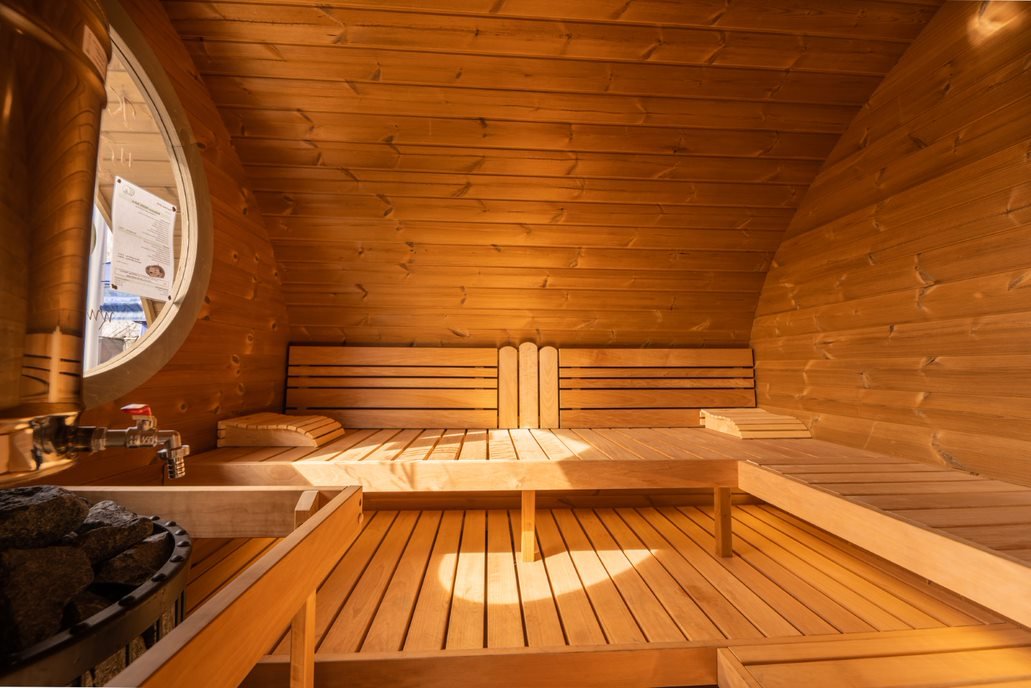 SaunaLife G11 interior with two-tier L-shaped sauna benches