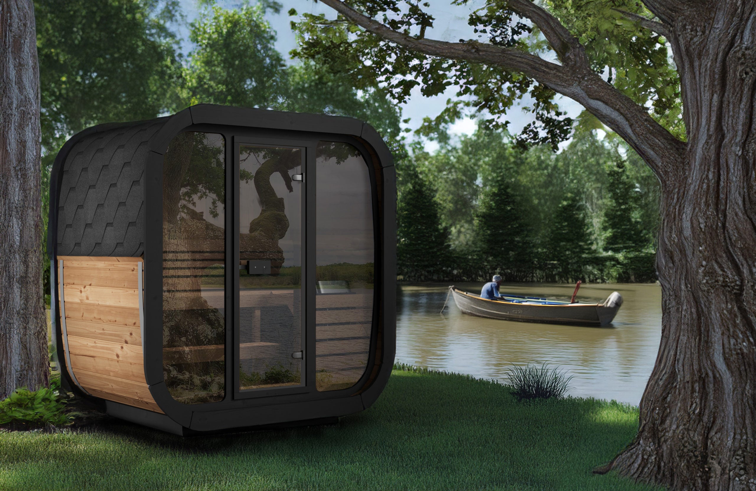 SaunaLife Model CL4G Outdoor Sauna Kit | 3-Person Cube-Series | Thermo-Spruce