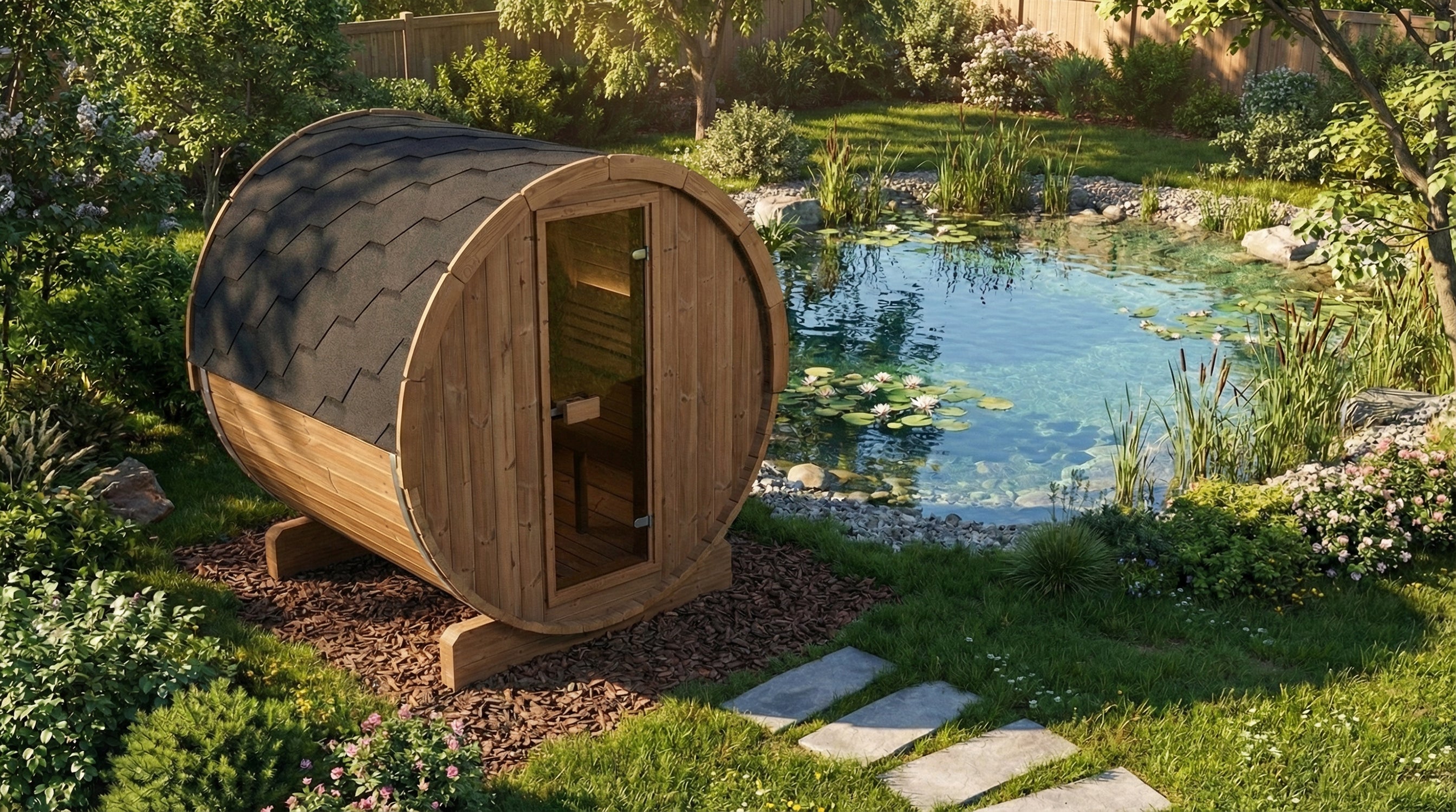 SaunaLife Model E6 Ergo Outdoor Barrel Sauna Kit | 3-Person | Thermo-Spruce