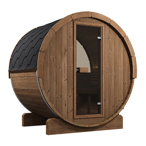 SaunaLife Model E6W Ergo Outdoor Barrel Sauna Kit | 3-Person | Rear Window | Thermo-Spruce