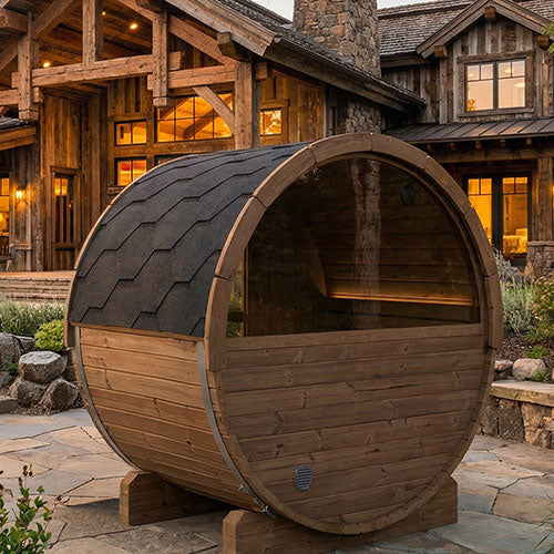 SaunaLife Model E6W Ergo Outdoor Barrel Sauna Kit | 3-Person | Rear Window | Thermo-Spruce