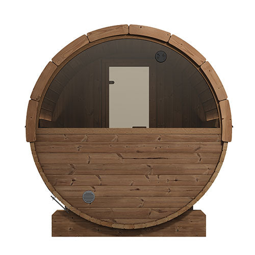 SaunaLife Model E6W Ergo Outdoor Barrel Sauna Kit | 3-Person | Rear Window | Thermo-Spruce