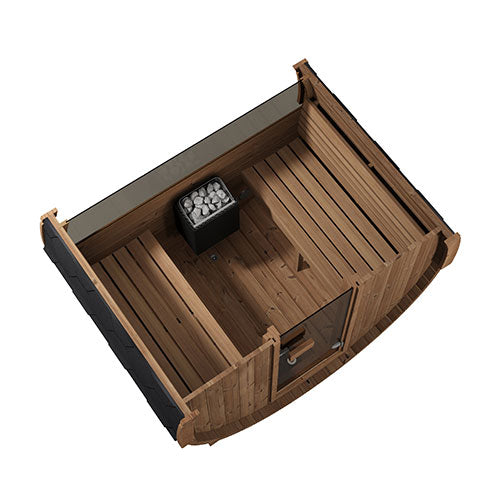 SaunaLife Model E6W Ergo Outdoor Barrel Sauna Kit | 3-Person | Rear Window | Thermo-Spruce