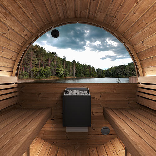 SaunaLife Model E6W Ergo Outdoor Barrel Sauna Kit | 3-Person | Rear Window | Thermo-Spruce
