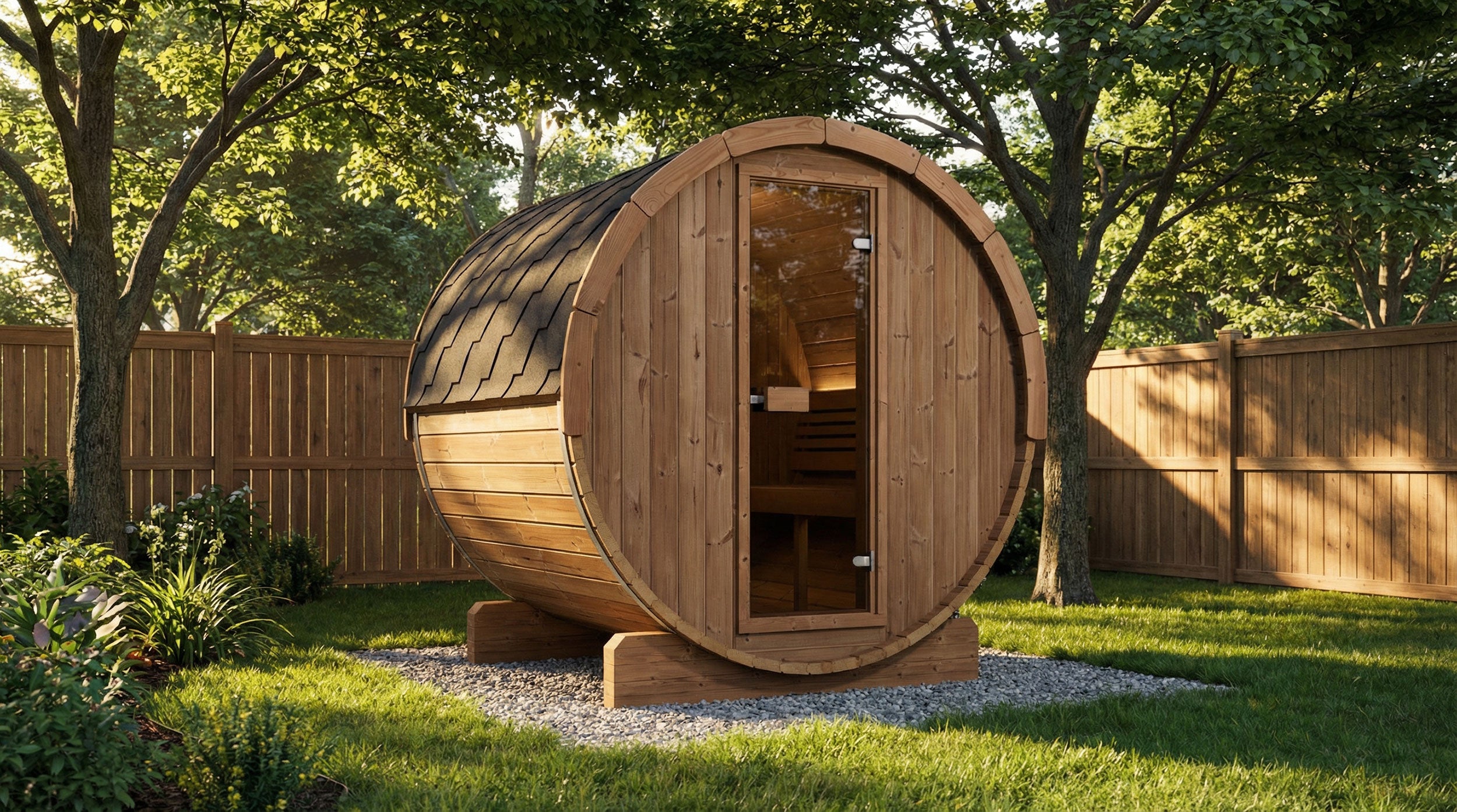SaunaLife Model E7 Ergo Outdoor Barrel Sauna Kit | 4-Person | Thermo-Spruce
