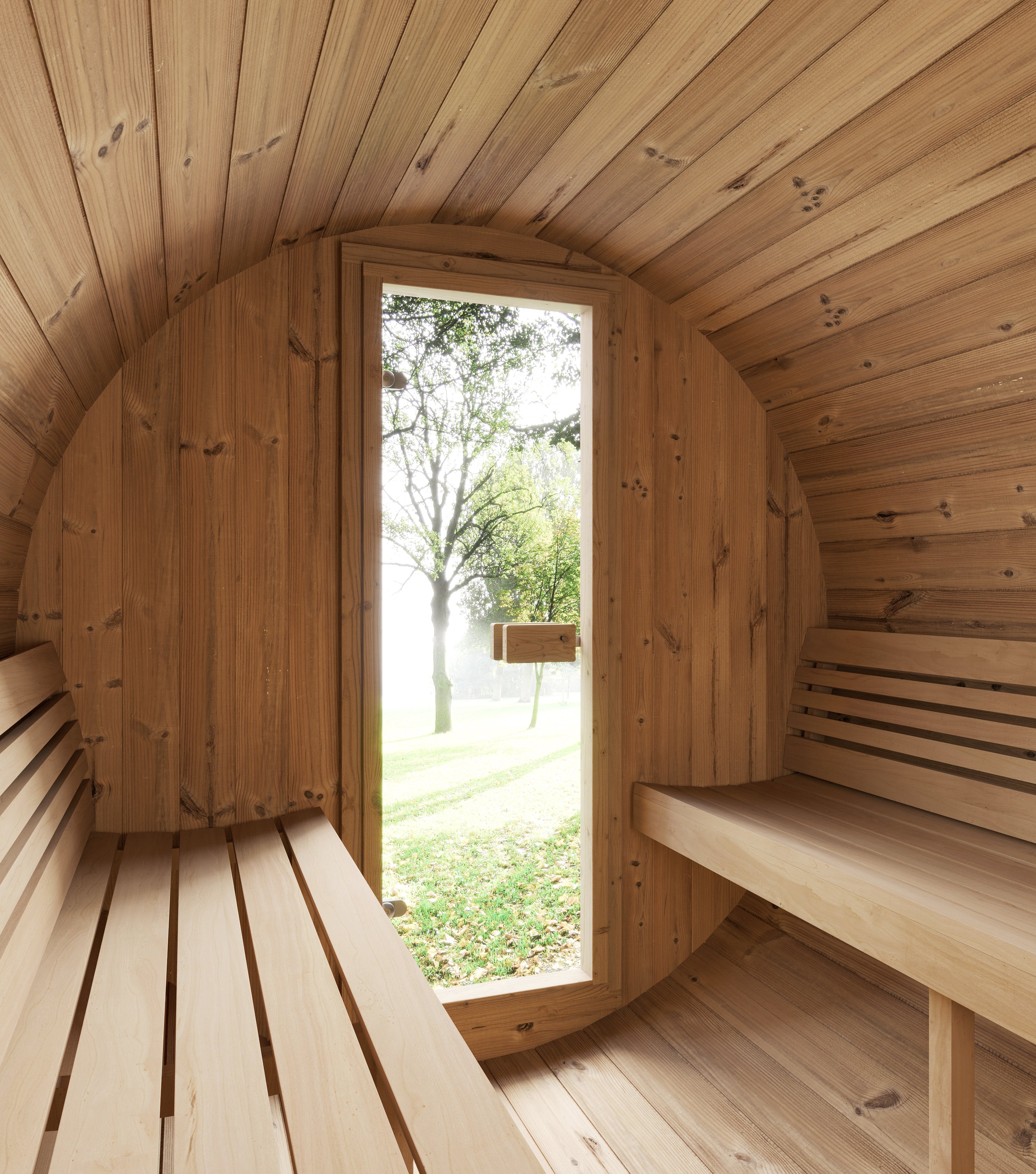 SaunaLife Model E7 Ergo Outdoor Barrel Sauna Kit | 4-Person | Thermo-Spruce