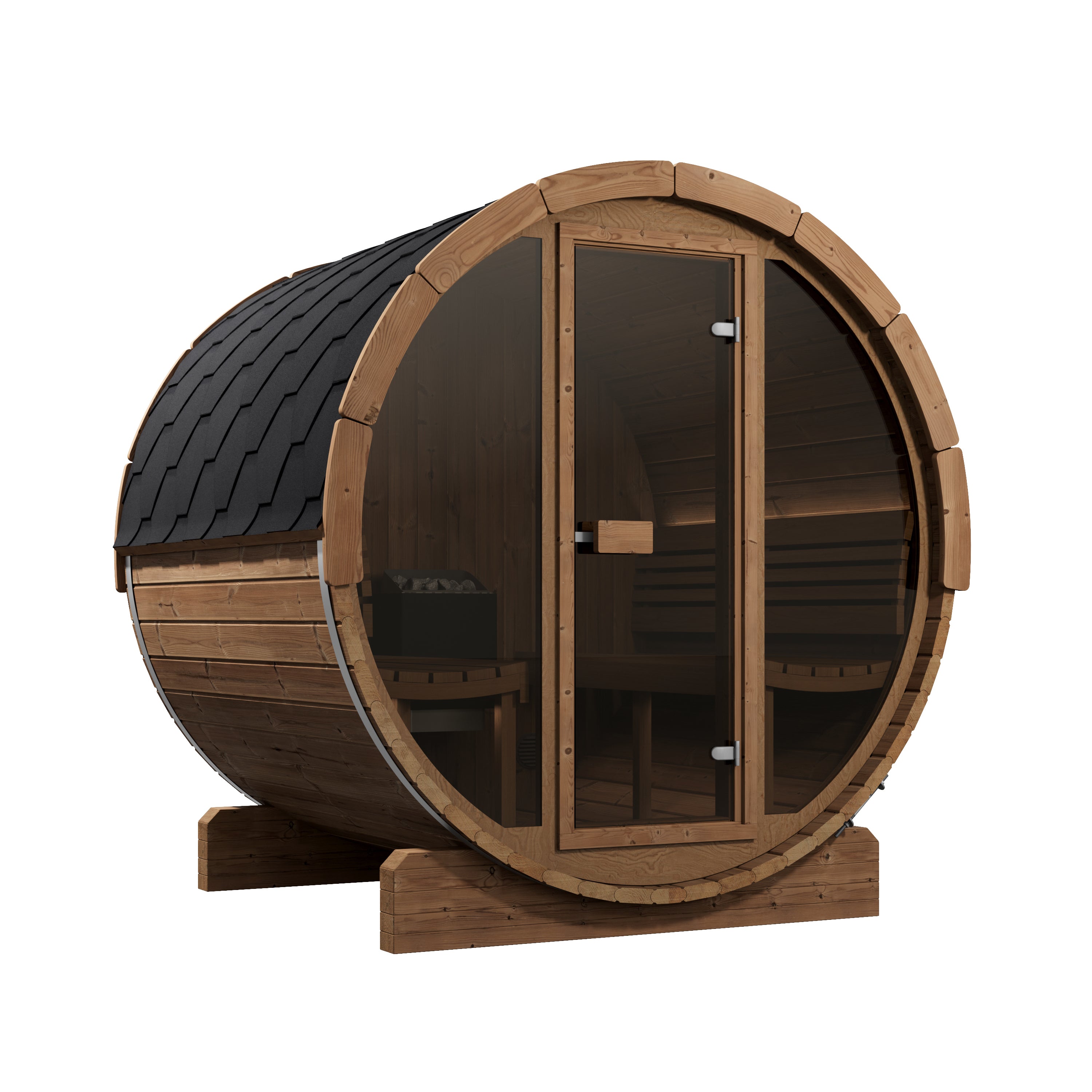 SaunaLife Model E7G Ergo Outdoor Barrel Sauna Kit | 4-Person | Full Glass Front | Thermo-Spruce