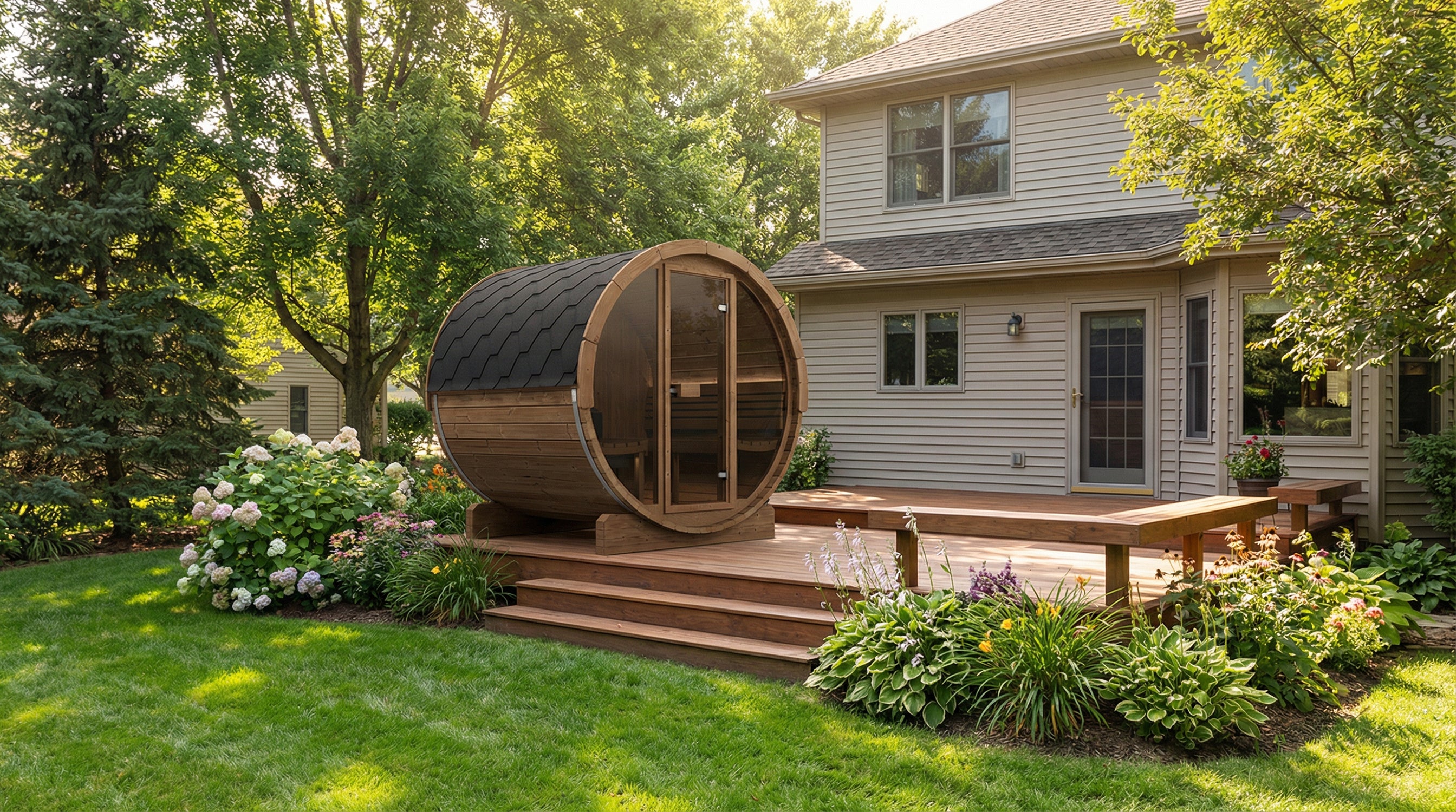 SaunaLife Model E7G Ergo Outdoor Barrel Sauna Kit | 4-Person | Full Glass Front | Thermo-Spruce