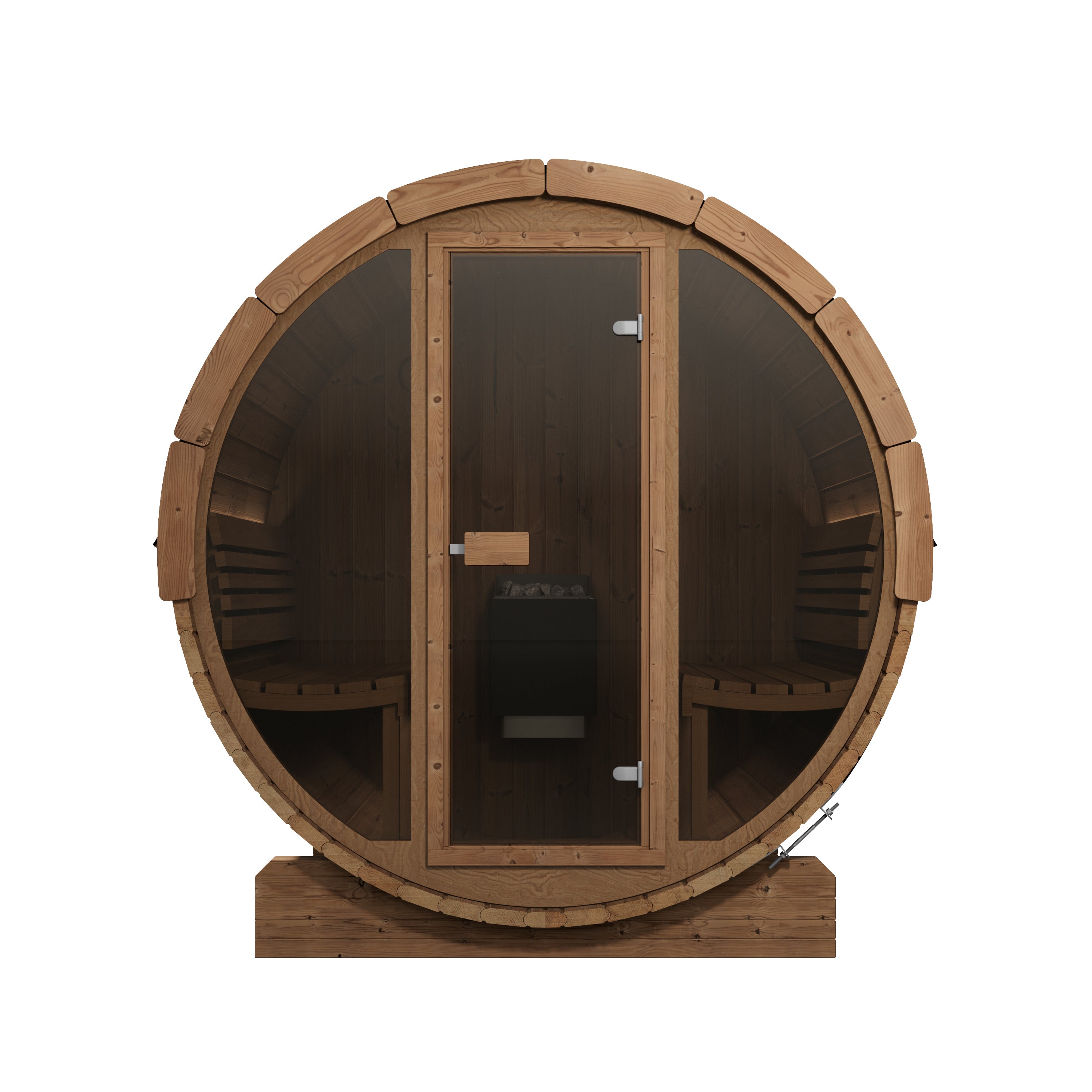 SaunaLife Model E7G Ergo Outdoor Barrel Sauna Kit | 4-Person | Full Glass Front | Thermo-Spruce