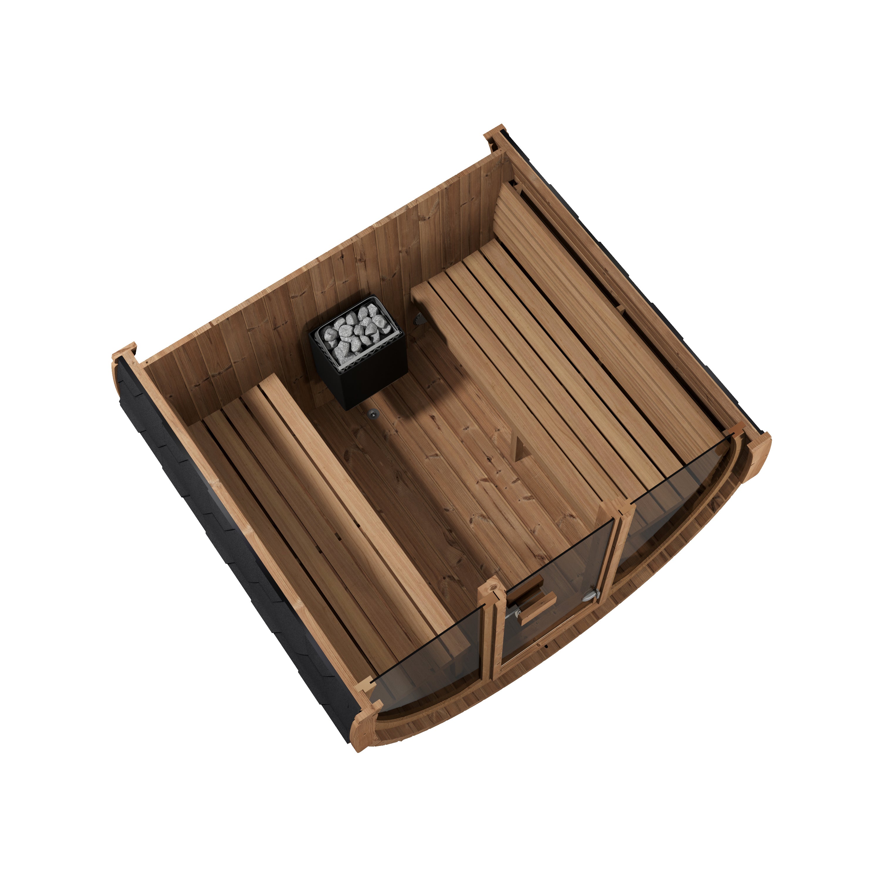 SaunaLife Model E7G Ergo Outdoor Barrel Sauna Kit | 4-Person | Full Glass Front | Thermo-Spruce