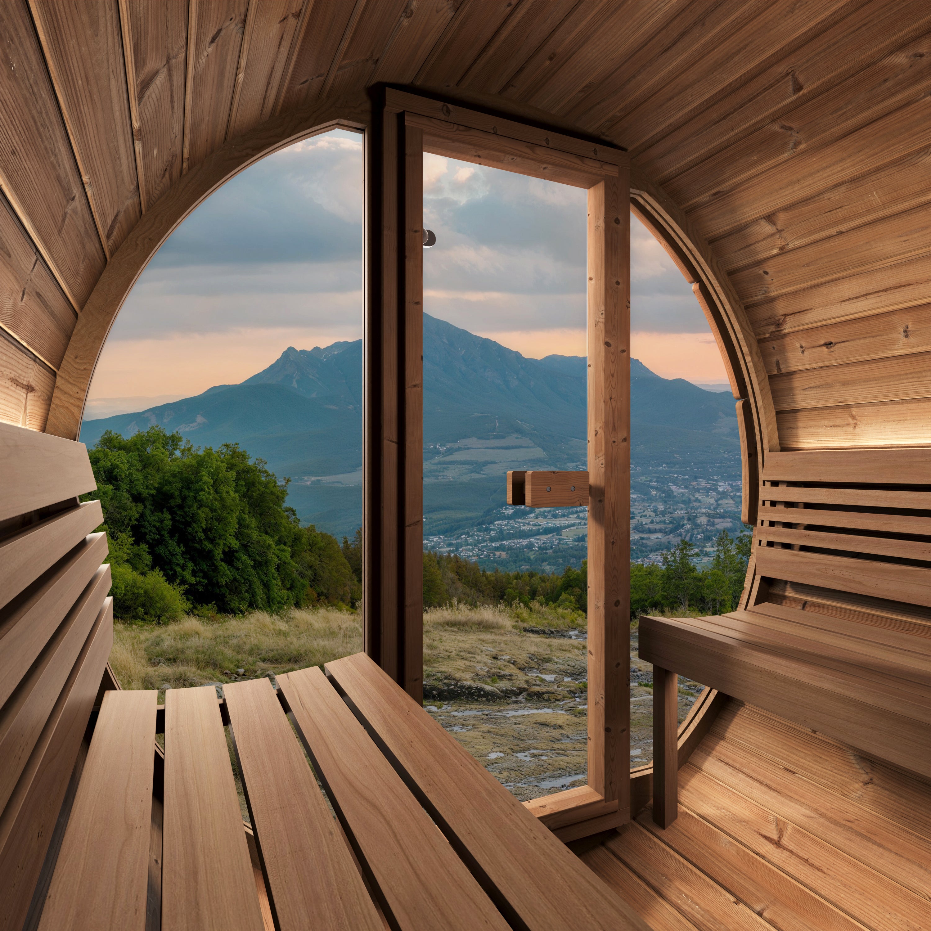 SaunaLife Model E7G Ergo Outdoor Barrel Sauna Kit | 4-Person | Full Glass Front | Thermo-Spruce