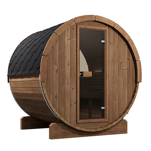 SaunaLife Model E7W Ergo Outdoor Barrel Sauna Kit | 4-Person | Rear Window | Thermo-Spruce