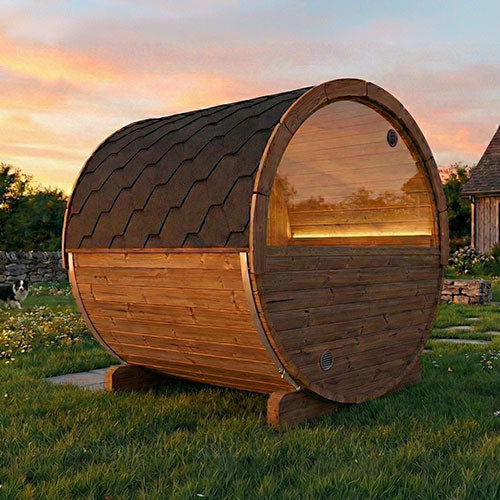 SaunaLife Model E7W Ergo Outdoor Barrel Sauna Kit | 4-Person | Rear Window | Thermo-Spruce