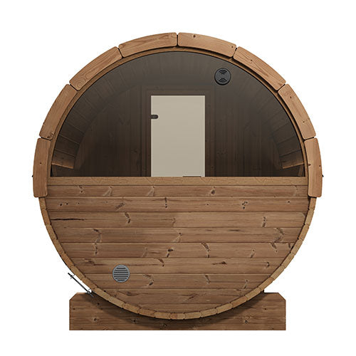 SaunaLife Model E7W Ergo Outdoor Barrel Sauna Kit | 4-Person | Rear Window | Thermo-Spruce