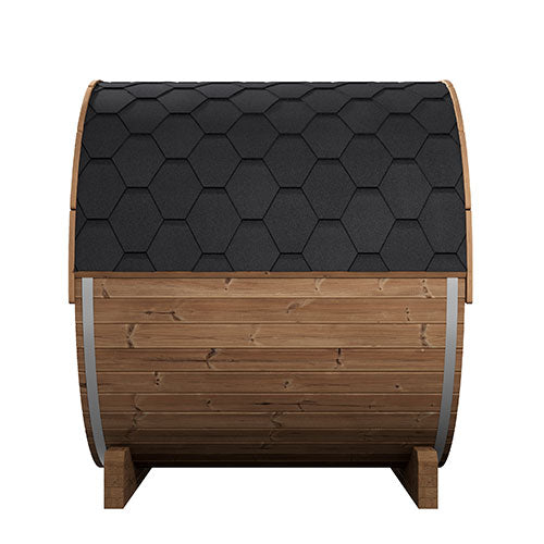 SaunaLife Model E7W Ergo Outdoor Barrel Sauna Kit | 4-Person | Rear Window | Thermo-Spruce