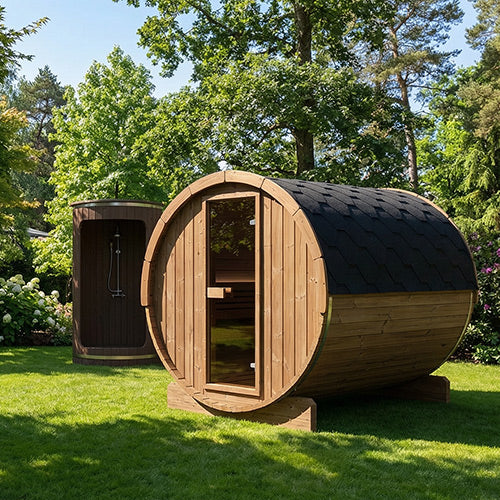 SaunaLife Model E8 Ergo Outdoor Barrel Sauna Kit | 6-Person | Thermo-Spruce