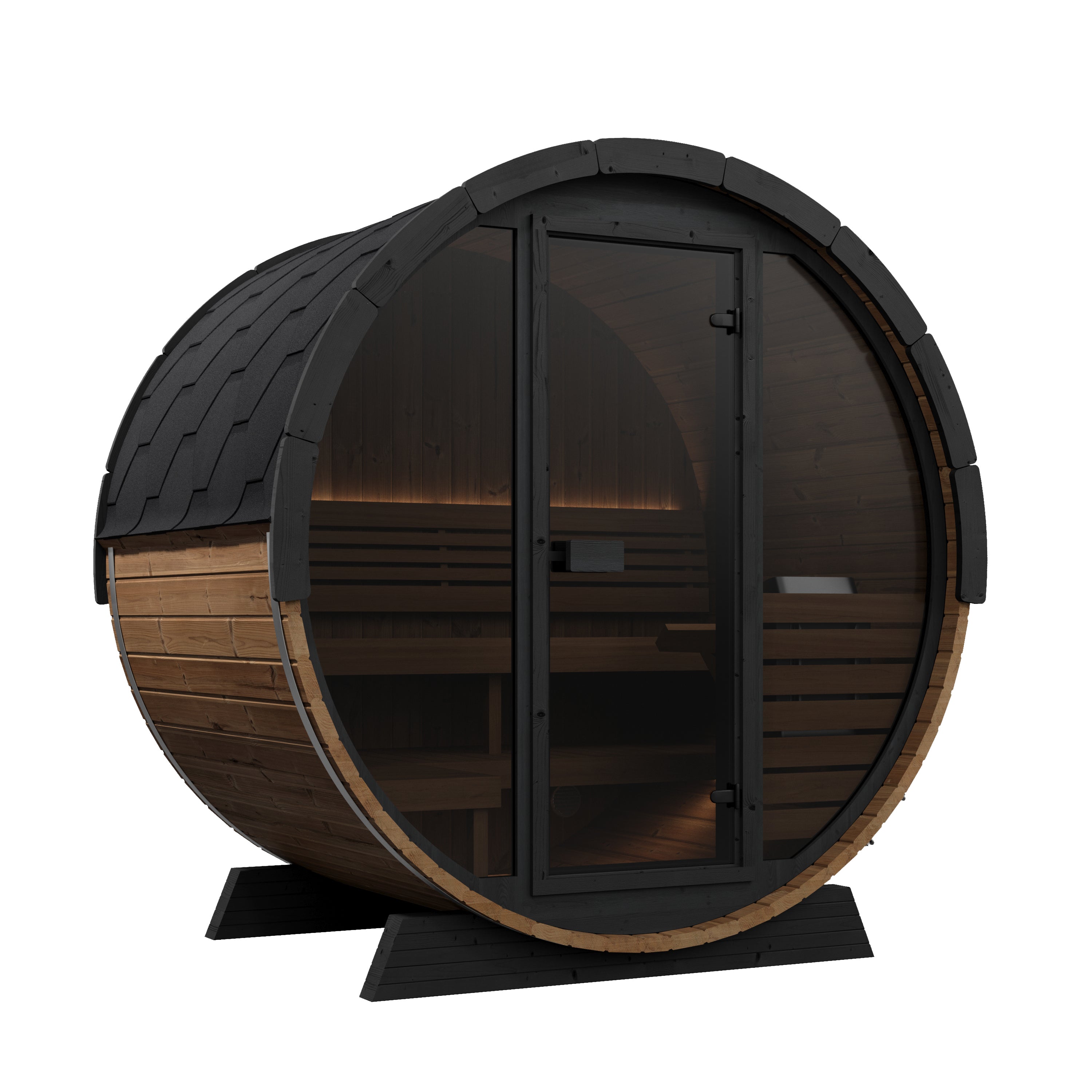 SaunaLife Model EE6G Ergo Elegance Outdoor Barrel Sauna Kit | 4-Person | Full Glass Front | 7'3" Diameter