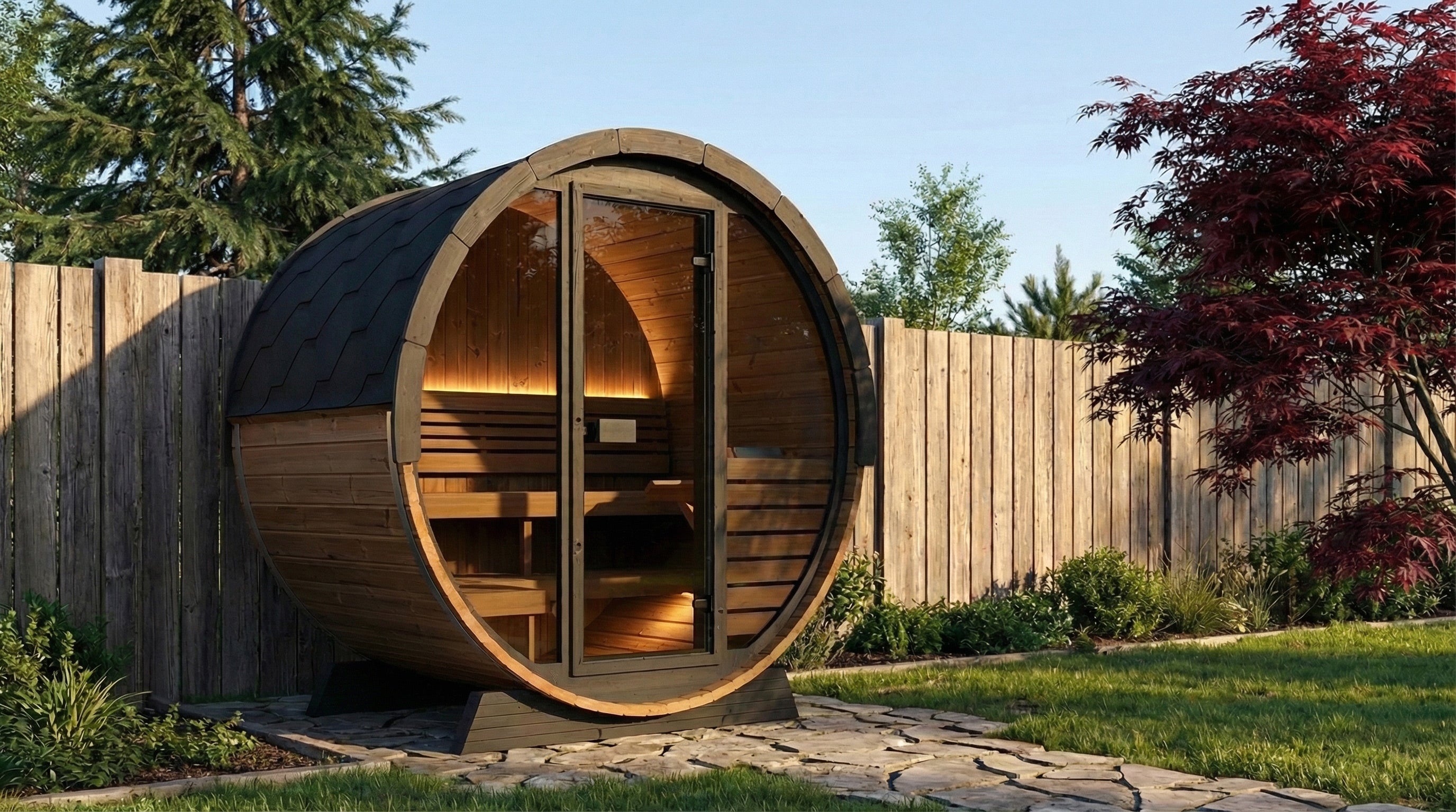 SaunaLife Model EE6G Ergo Elegance Outdoor Barrel Sauna Kit | 4-Person | Full Glass Front | 7'3" Diameter