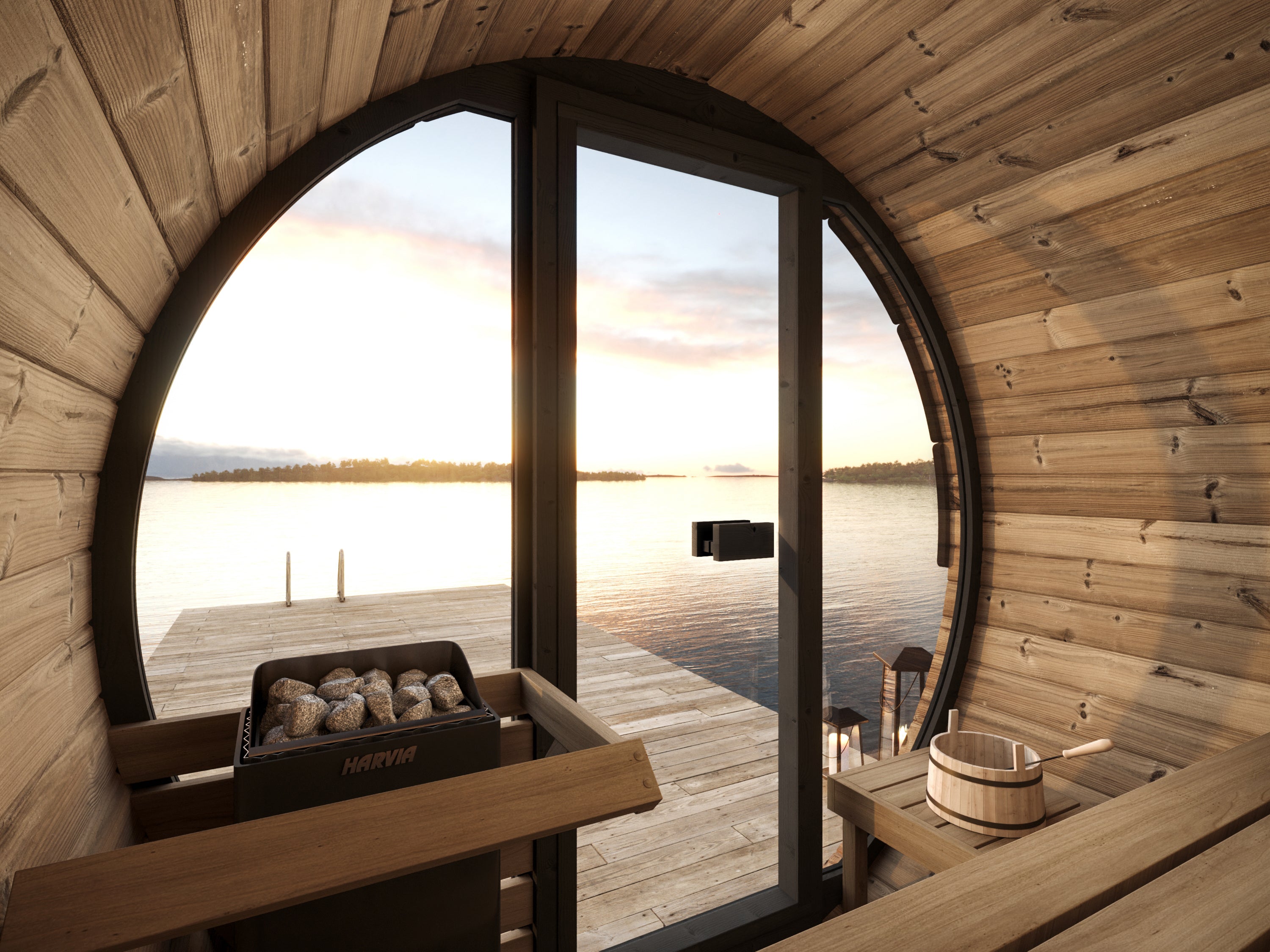SaunaLife Model EE6G Ergo Elegance Outdoor Barrel Sauna Kit | 4-Person | Full Glass Front | 7'3" Diameter