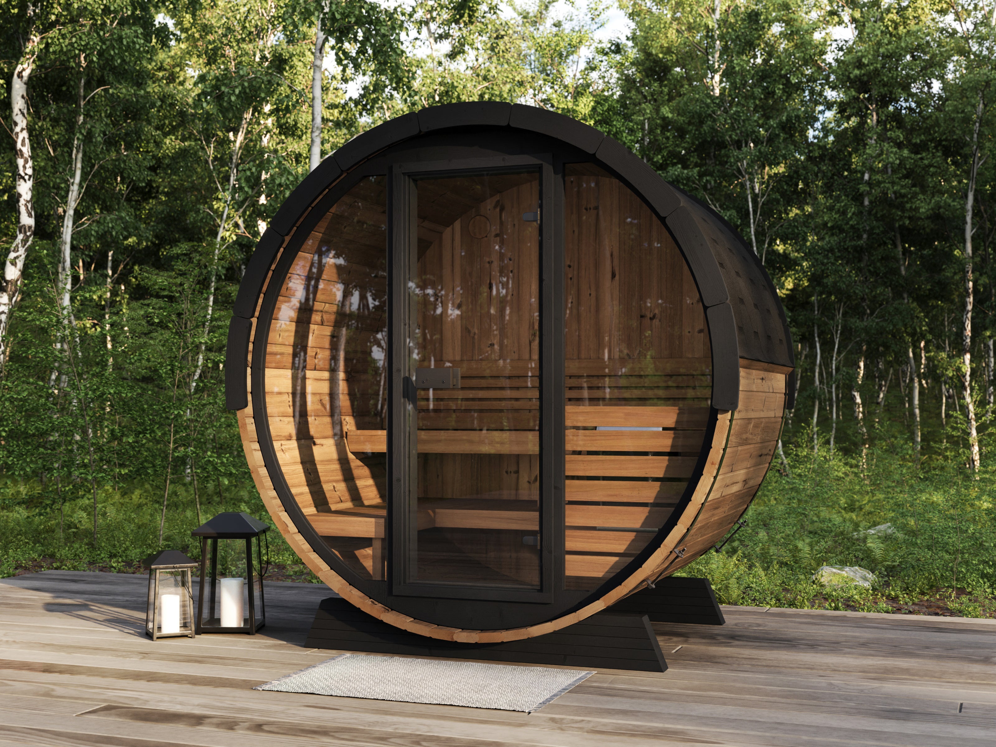 SaunaLife Model EE6G Ergo Elegance Outdoor Barrel Sauna Kit | 4-Person | Full Glass Front | 7'3" Diameter