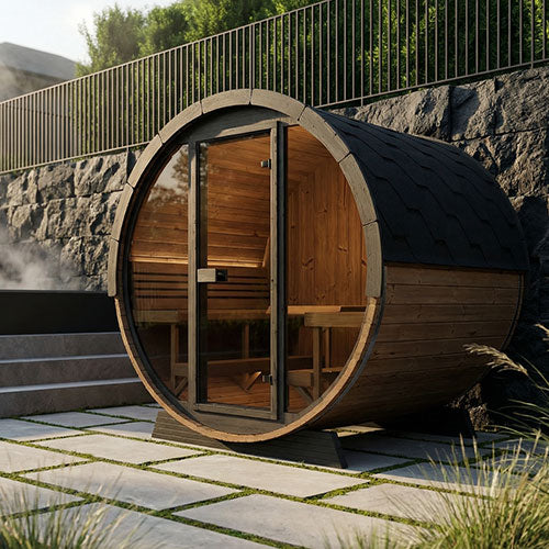 SaunaLife Model EE8G Ergo Elegance Outdoor Barrel Sauna Kit | 6-Person | Full Glass Front | 7'3" Diameter