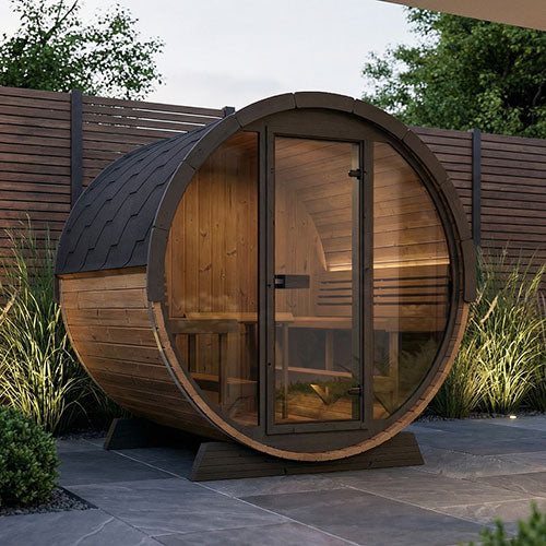 SaunaLife Model EE8G Ergo Elegance Outdoor Barrel Sauna Kit | 6-Person | Full Glass Front | 7'3" Diameter