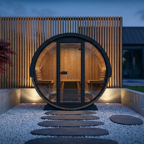 SaunaLife Model EE8G Ergo Elegance Outdoor Barrel Sauna Kit | 6-Person | Full Glass Front | 7'3" Diameter