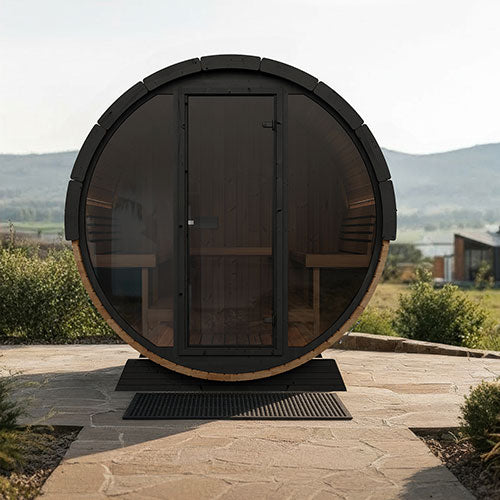 SaunaLife Model EE8G Ergo Elegance Outdoor Barrel Sauna Kit | 6-Person | Full Glass Front | 7'3" Diameter