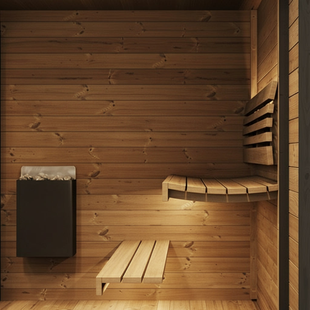 SaunaLife GL6 interior with two-tier seating and LED lighting