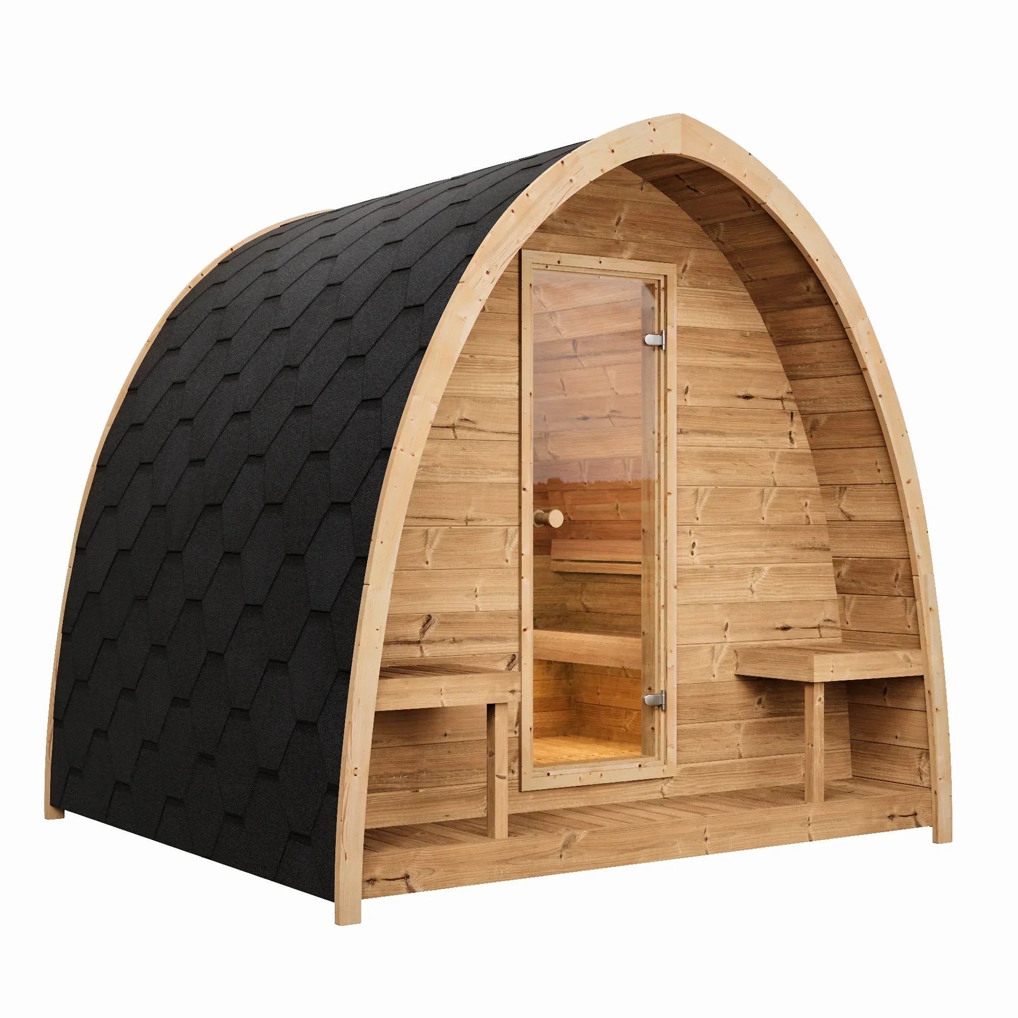 Side view of the SaunaLife G3 outdoor sauna and recessed terrace