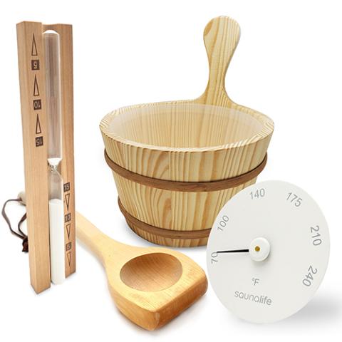 SaunaLife Essentials Set 1 wood sauna bucket, ladle, sand timer, and white thermometer