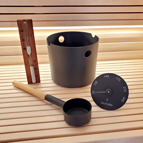 SaunaLife Essentials Set 2 black sauna bucket, bamboo ladle, sand timer, and thermometer