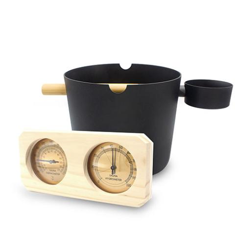 SaunaLife Essentials Set 7 black bucket, bamboo ladle, and combination thermometer hygrometer