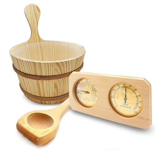 SaunaLife Essentials Set 8 wooden sauna bucket, ladle, and combination thermometer hygrometer